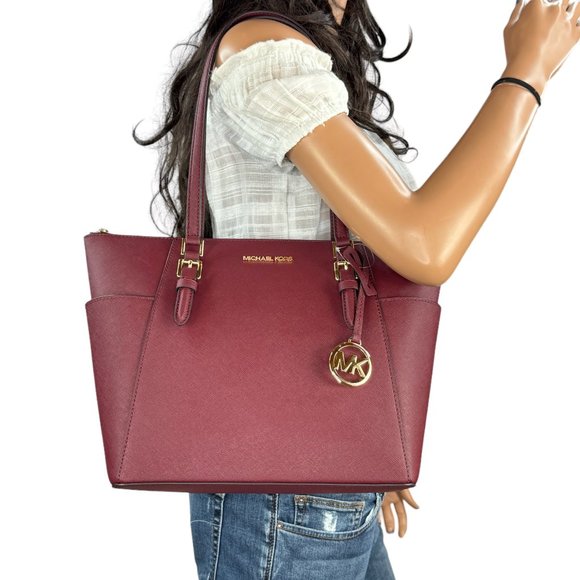 Michael Kors Charlotte Large Top Zip Shoulder Tote Bag Dark Cherry - Picture 1 of 14
